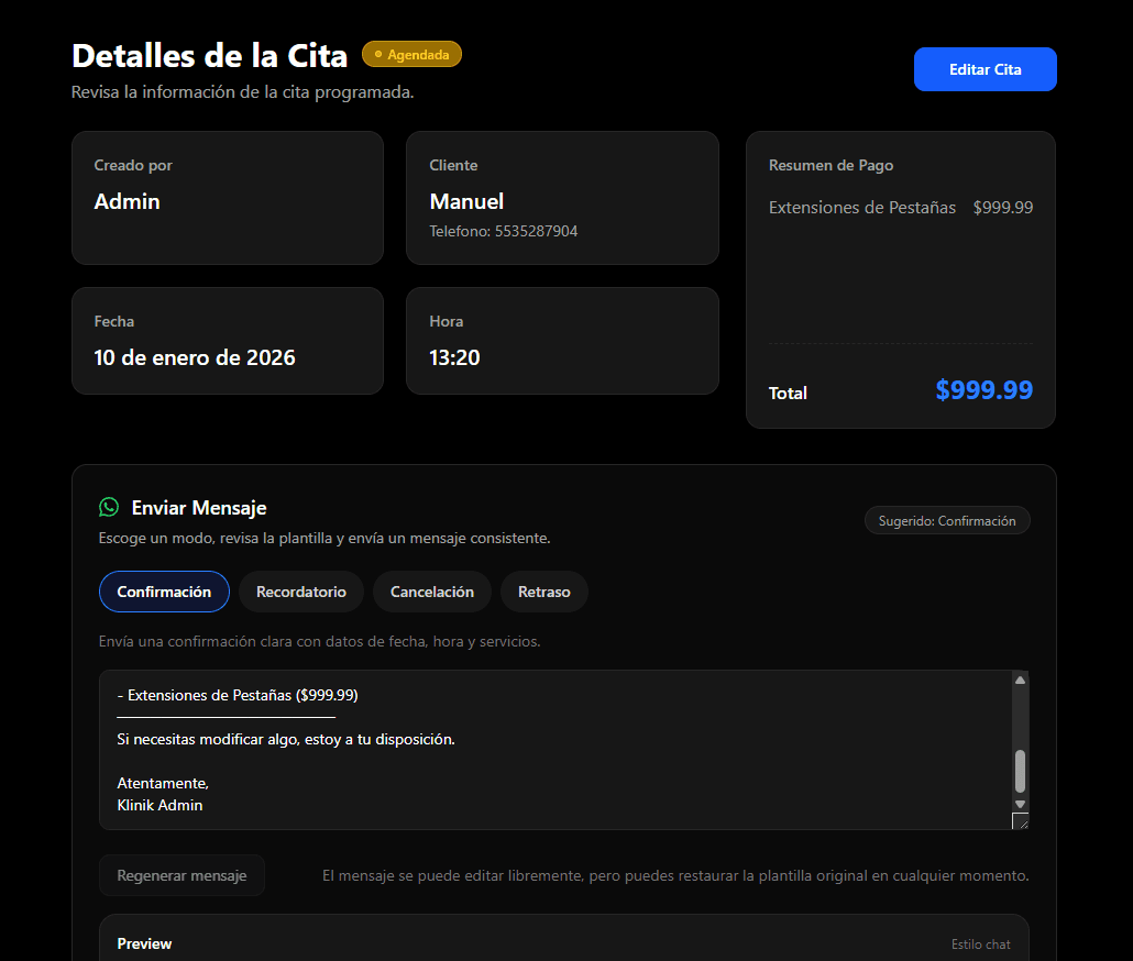 Detalle de cita en Aera con cliente, servicio, pago y acción de mensaje.