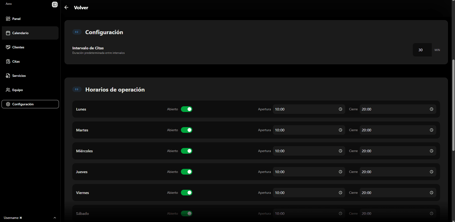 Configuración de horarios de trabajo en Aera.